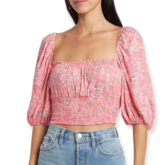 AFRM Tops - AFRM NWT Coral Ditsy BarbieCore Waverly Smocked Crop Top Size Medium